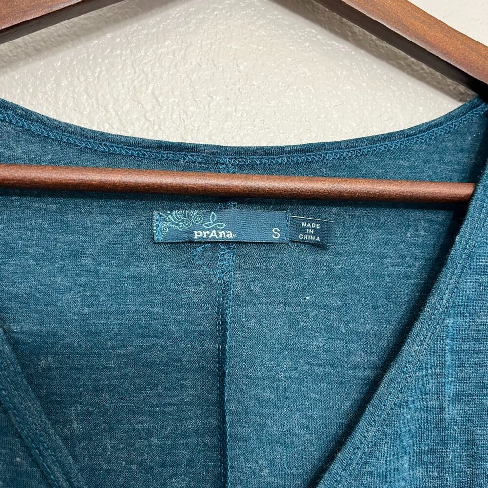 Prana Nadia Faux Wrap Dress Size Small Women's Teal Blue Wool Blend Short Sleeve - Picture 4 of 6